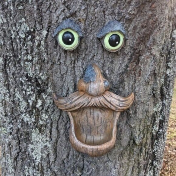 Tree Face Birdfeeder - Old Man with Glowing Eyes in Dark Outdoor Tree - Picture 2 of 2